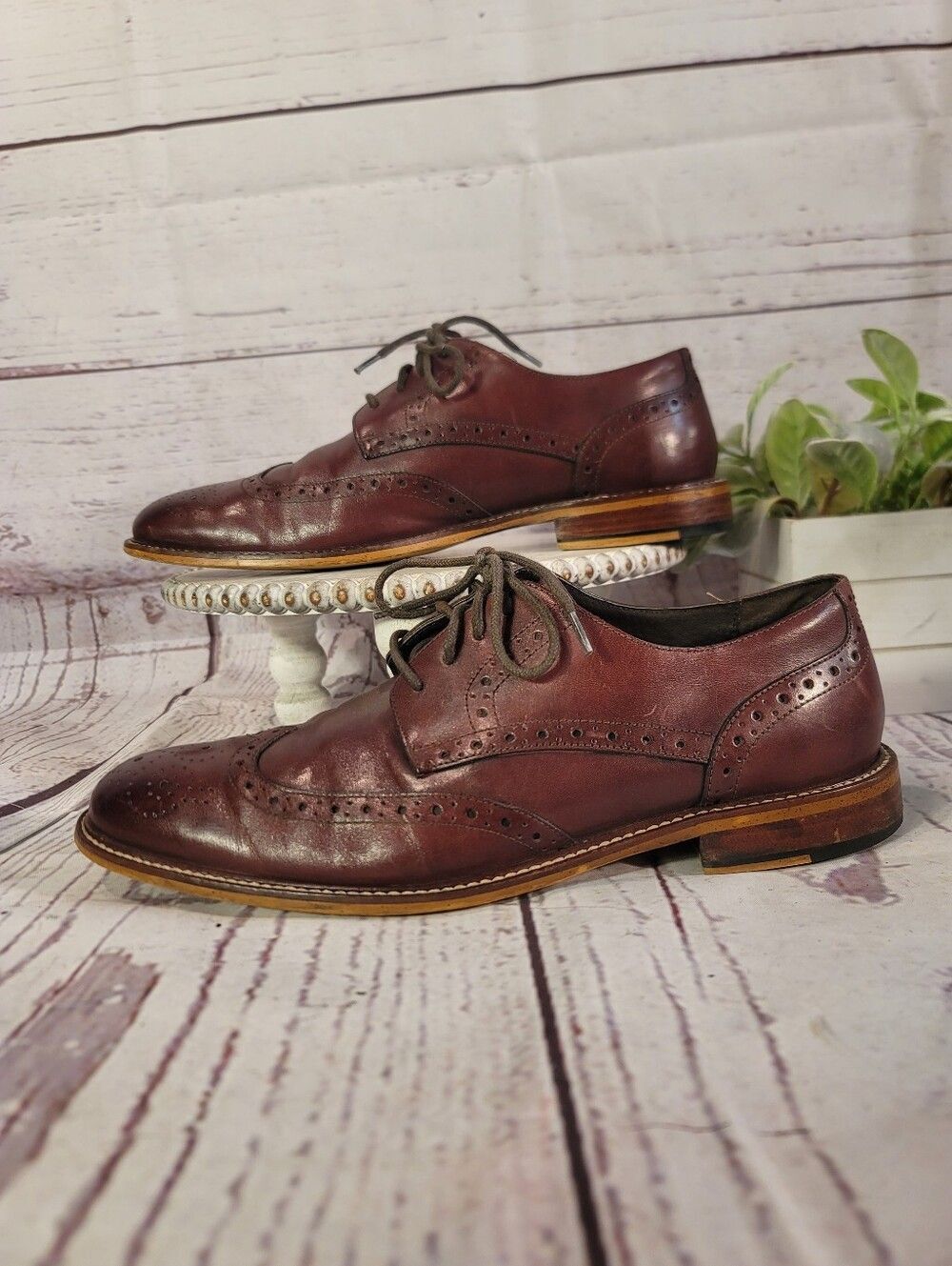 Joseph Abboud Mens Brown Mahogony Leather Wingtip Oxford Shoes Brogue Size 10 - Picture 4 of 11